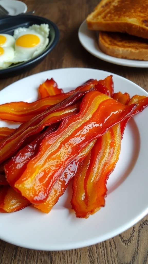 A plate of crispy bacon strips on a wooden table with eggs and toast.